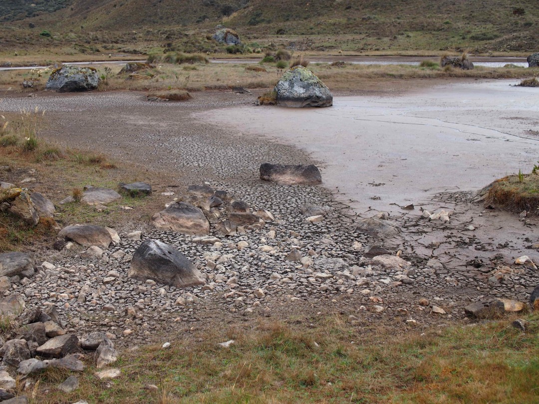 Dry bed of a former lagoon showing stones and cracked earth