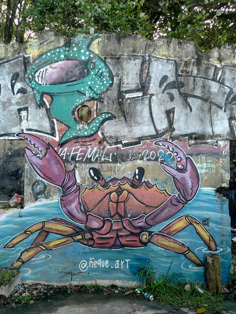 Graffiti of a happy looking crab waving its claws on the crumbling front of an abandoned building